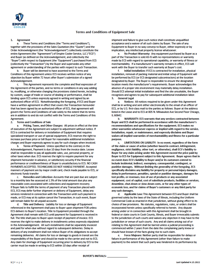 Empire Cooler Empire Cooler Service's Policies, Terms, & Conditions
