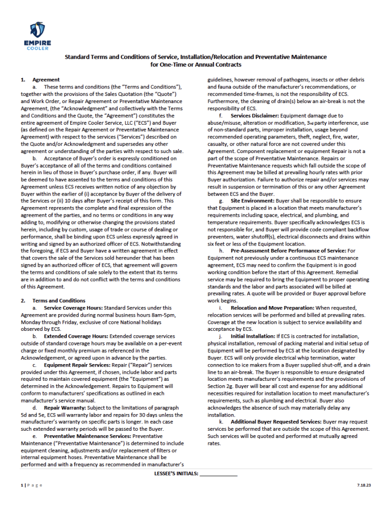 Empire Cooler Empire Cooler Service's Policies, Terms, & Conditions