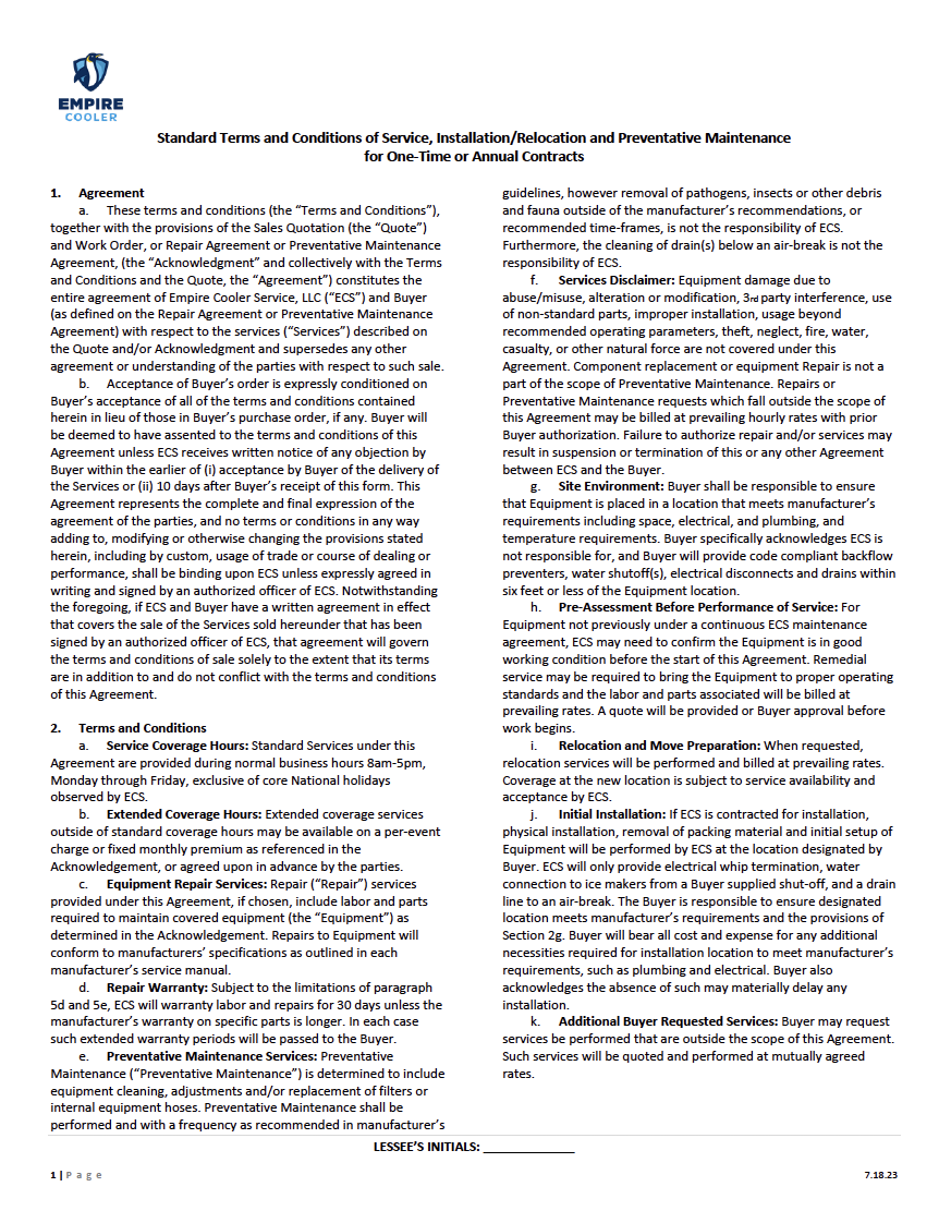 Empire Cooler Empire Cooler Service's Policies, Terms, & Conditions